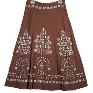 Basil Maude Skirt Brown Linen Blend Beaded Embellished Aztec Boho Sz 4 NWT/FLAW